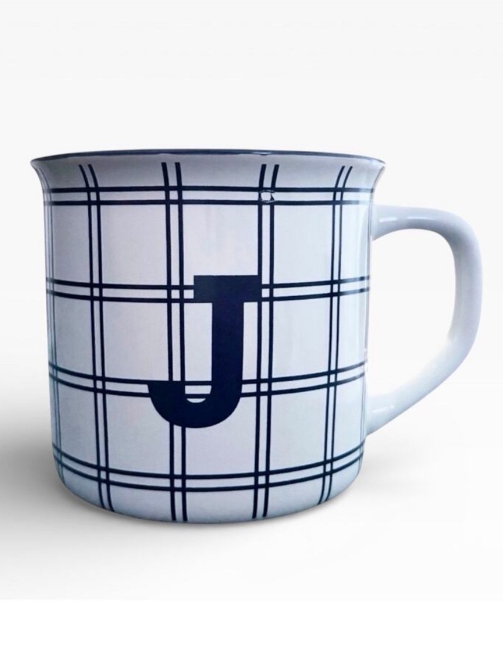 Monogram Ceramic Mug Cup w/ Initial “J” Coffee Tea Mug Blue White Plaid Pattern